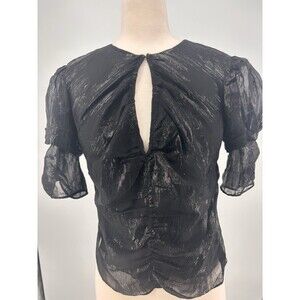 FRAME Ruched Sleeve Keyhole Top Womens XS Silk Blend Black Metallic